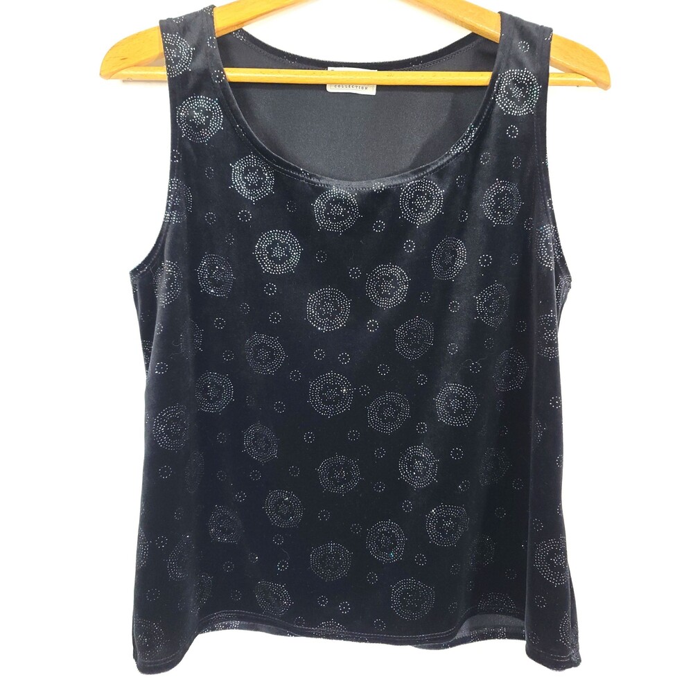 90s Vintage Delta Burke Black Velvet Tank Top with Rhinestone Design